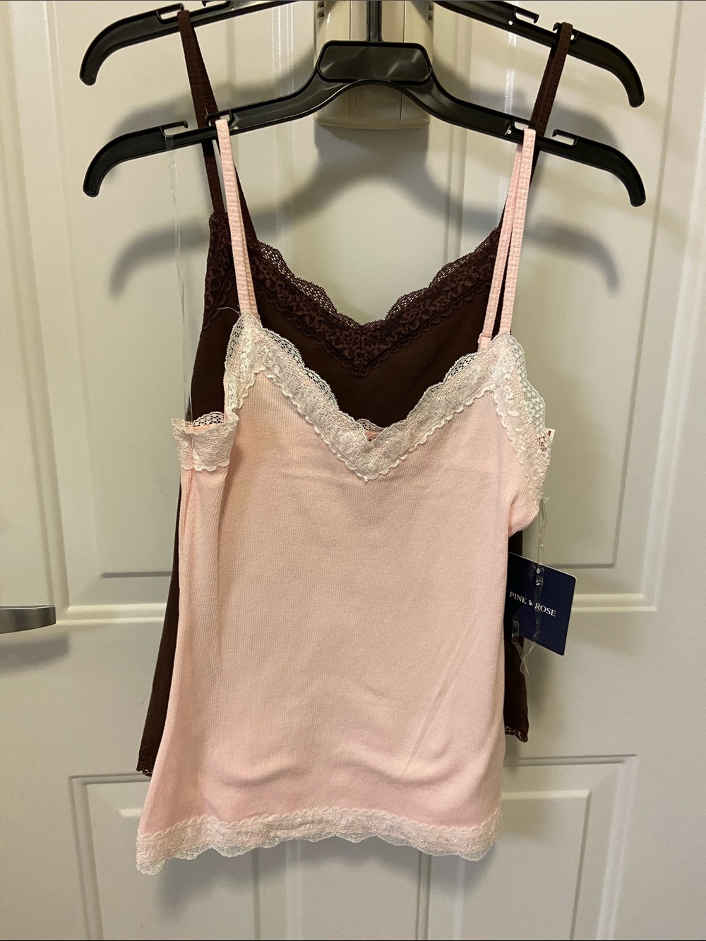 🩷Pink Rose Two-Tone Lace Trim Tank Tops Pink and Brown🤎